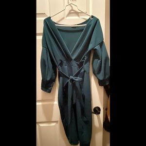 BOOHOO OFF THE SHOULDER WRAP MIDI DRESS